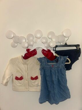 Baby GAP Cream Cardigan Denim Dress Navy Bloomer Red Shoe Set